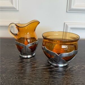 Vintage Farber Brothers Krome Kraft Amber Cambridge Glass Cream and Sugar Set
